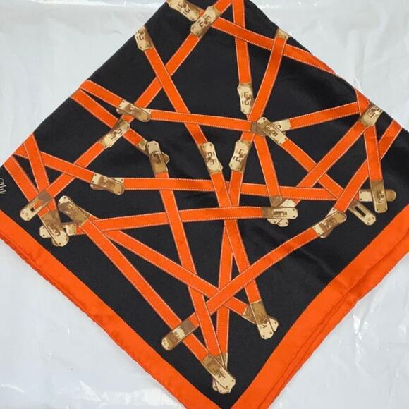 Hermès Silk Scarf Très Kelly Handbag Turnlock Motif Black Orange 70cm 26” - Picture 11 of 13